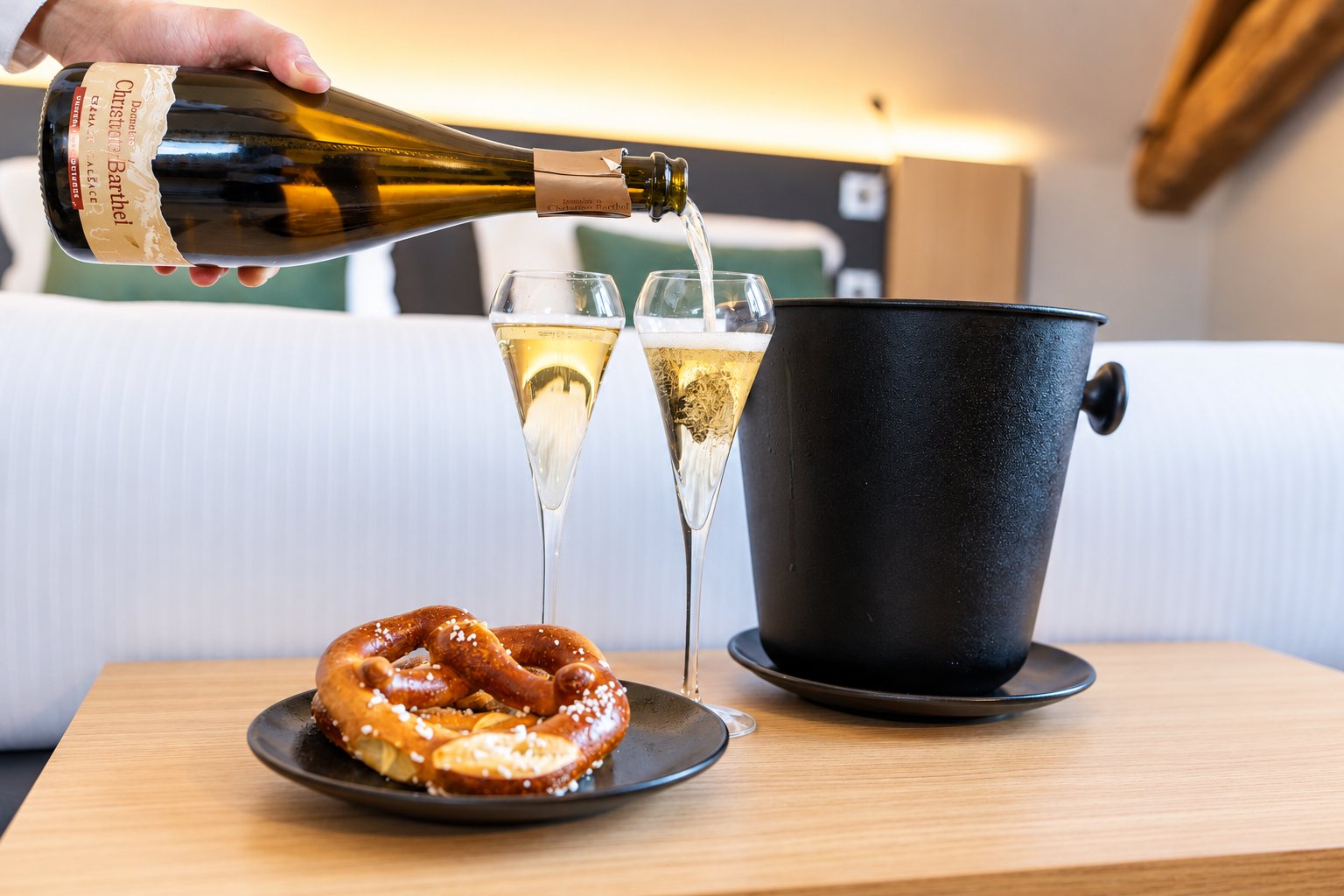 Sparkling wine served in two flutes beside the ice bucket